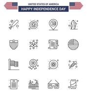4th July USA Happy Independence Day Icon Symbols Group of 16 Modern Lines of shield desert american plant cactus Editable USA Day Vector Design Elements