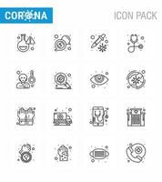 Coronavirus Precaution Tips icon for healthcare guidelines presentation 16 Line icon pack such as sick fever dropper stethoscope diagnosis viral coronavirus 2019nov disease Vector Design Elements