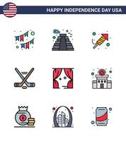 Pack of 9 USA Independence Day Celebration Flat Filled Lines Signs and 4th July Symbols such as entertainment sport usa ice sport day Editable USA Day Vector Design Elements