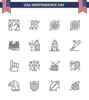 Happy Independence Day 4th July Set of 16 Lines American Pictograph of landmark gate flag bridge star Editable USA Day Vector Design Elements