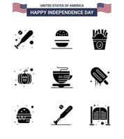 9 signos de glifo sólido de estados unidos celebración del día de la independencia símbolos de taza de helado comida rápida té calabaza elementos de diseño de vector de día de estados unidos editables