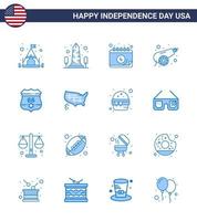 conjunto moderno de 16 azules y símbolos en el día de la independencia de estados unidos, como armas de escudo, ejército de guerra estadounidense, elementos de diseño vectorial editables del día de estados unidos vector