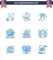 Set of 9 Modern Blues pack on USA Independence Day light candle cash coffee tea Editable USA Day Vector Design Elements