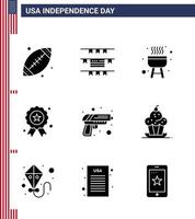 paquete de iconos de vector de stock de día americano 9 signos y símbolos de línea para seguridad de armas pistola de barbacoa día de la independencia elementos de diseño de vector de día de estados unidos editables