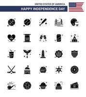 Big Pack of 25 USA Happy Independence Day USA Vector Solid Glyph and Editable Symbols of football tourism baseball landmark gate Editable USA Day Vector Design Elements