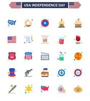 Modern Set of 25 Flats and symbols on USA Independence Day such as country sweet men muffin cake Editable USA Day Vector Design Elements