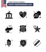 Group of 9 Solid Glyphs Set for Independence day of United States of America such as investigating mortar flag howitzer big gun Editable USA Day Vector Design Elements