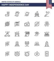 Set of 25 Modern Lines pack on USA Independence Day ball ireland cake green city Editable USA Day Vector Design Elements