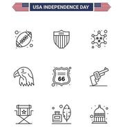 Group of 9 Lines Set for Independence day of United States of America such as shield usa badge eagle animal Editable USA Day Vector Design Elements