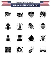 Pack of 16 creative USA Independence Day related Solid Glyphs of sight landmark balloons church american Editable USA Day Vector Design Elements