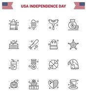 Set of 16 Modern Lines pack on USA Independence Day parade instrument frankfurter drum money Editable USA Day Vector Design Elements