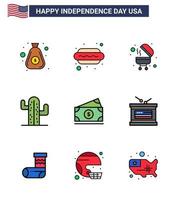 9 señales de línea llenas planas para el día de la independencia de EE. UU. Dólar americano barbacoa EE. UU. Elementos de diseño vectorial editables del día de EE. UU. vector