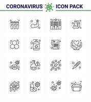 Coronavirus Precaution Tips icon for healthcare guidelines presentation 16 Line icon pack such as chemistry laboratory body building lab chemistry viral coronavirus 2019nov disease Vector Design