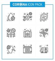 Paquete de iconos de coronavirus covid19 de 9 líneas, como la reunión de antígenos del equipo del kit, elementos de diseño de vectores de enfermedades del coronavirus viral prohibido 2019nov