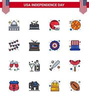 4 de julio estados unidos feliz día de la independencia icono símbolos grupo de 16 líneas planas modernas llenas de empavesados pelota baloncesto americano estado editable día de estados unidos elementos de diseño vectorial vector