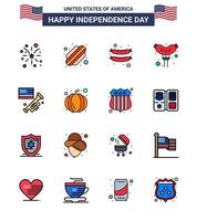 conjunto de 16 iconos del día de los ee.uu. símbolos americanos signos del día de la independencia para insignia calabaza frankfurter american laud elementos de diseño vectorial editables del día de los ee.uu. vector