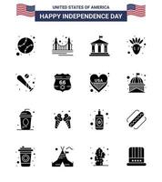16 USA Solid Glyph Signs Independence Day Celebration Symbols of baseball thanksgiving tourism native american usa Editable USA Day Vector Design Elements