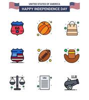 Modern Set of 9 Flat Filled Lines and symbols on USA Independence Day such as rugby security bag usa shield Editable USA Day Vector Design Elements