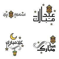 Modern Pack of 4 Vector Illustrations of Greetings Wishes For Islamic Festival Eid Al Adha Eid Al Fitr Golden Moon Lantern with Beautiful Shiny Stars