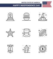 Set of 9 Vector Lines on 4th July USA Independence Day such as hat american camp usa police Editable USA Day Vector Design Elements