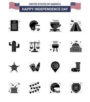 paquete de 16 signos de glifos sólidos de celebración del día de la independencia de estados unidos y símbolos del 4 de julio, como café plenitud de la corte, estados unidos, elementos de diseño vectorial del día de estados unidos editables de estados unidos vector