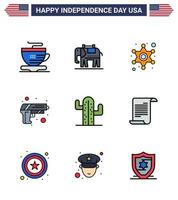 4 de julio estados unidos feliz día de la independencia icono símbolos grupo de 9 líneas planas modernas llenas de estados unidos estrella ejército de cactus elementos de diseño vectorial del día de estados unidos editables vector