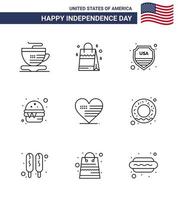 Set of 9 Vector Lines on 4th July USA Independence Day such as american heart shield meal fast Editable USA Day Vector Design Elements