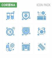 CORONAVIRUS 9 Blue Icon set on the theme of Corona epidemic contains icons such as protection timer keyboard time clock viral coronavirus 2019nov disease Vector Design Elements