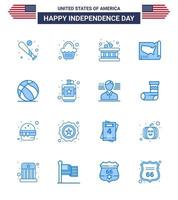 USA Independence Day Blue Set of 16 USA Pictograms of ball usa celebration united map Editable USA Day Vector Design Elements