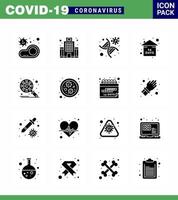 conjunto de iconos covid19 para infografía 16 paquete negro de glifo sólido, como evento de estancia en casa riesgo de atención médica hebra coronavirus viral 2019nov elementos de diseño de vectores de enfermedad