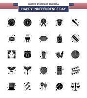 Solid Glyph Pack of 25 USA Independence Day Symbols of sports baseball police ball officer Editable USA Day Vector Design Elements