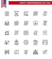 Pack of 25 creative USA Independence Day related Lines of barbecue star football police united Editable USA Day Vector Design Elements