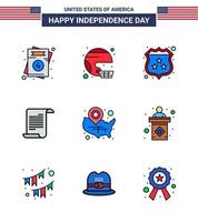 USA Happy Independence DayPictogram Set of 9 Simple Flat Filled Lines of usa text state file shield Editable USA Day Vector Design Elements