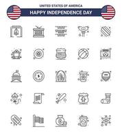 Modern Set of 25 Lines and symbols on USA Independence Day such as cart hotdog buntings american frankfurter Editable USA Day Vector Design Elements