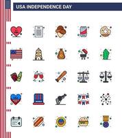 25 USA Flat Filled Line Pack of Independence Day Signs and Symbols of food round cowboy donut soda Editable USA Day Vector Design Elements