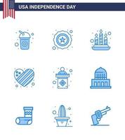 USA Independence Day Blue Set of 9 USA Pictograms of sign election fire usa heart Editable USA Day Vector Design Elements