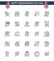 USA Happy Independence DayPictogram Set of 25 Simple Lines of usa invitation award hardball baseball Editable USA Day Vector Design Elements