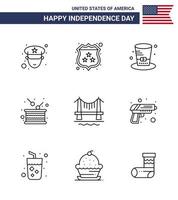 conjunto de 9 líneas vectoriales el 4 de julio, día de la independencia de estados unidos, como la construcción de sombrero de independencia, tambor de independencia, elementos de diseño vectorial editables del día de estados unidos vector