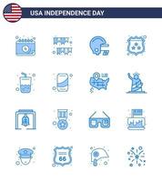 día de la independencia de estados unidos conjunto azul de 16 pictogramas de estados unidos de bebida escudo de fiesta de policía elementos de diseño de vector de día de estados unidos editables estadounidenses