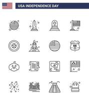 16 USA Line Pack of Independence Day Signs and Symbols of independece usa death international country Editable USA Day Vector Design Elements