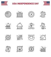 USA Independence Day Line Set of 16 USA Pictograms of indianapolis soda st drink bottle Editable USA Day Vector Design Elements