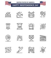 USA Happy Independence DayPictogram Set of 16 Simple Lines of american ball building american bloons Editable USA Day Vector Design Elements