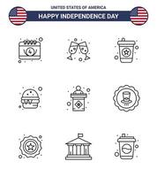 Happy Independence Day USA Pack of 9 Creative Lines of sign election drink usa food Editable USA Day Vector Design Elements