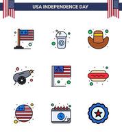 Group of 9 Flat Filled Lines Set for Independence day of United States of America such as flag day american weapon canon Editable USA Day Vector Design Elements