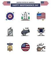 paquete de feliz día de la independencia de 9 líneas planas llenas de signos y símbolos para obús big gun country usa cola editable usa day elementos de diseño vectorial vector