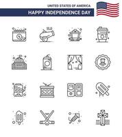 USA Independence Day Line Set of 16 USA Pictograms of house place cart usa drink Editable USA Day Vector Design Elements