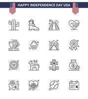 paquete de línea de vector editable del día de estados unidos 16 líneas simples de café té construcción bandera amor elementos de diseño de vector de día de estados unidos editables