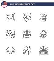 9 USA Line Signs Independence Day Celebration Symbols of law court cola chat bubble usa Editable USA Day Vector Design Elements