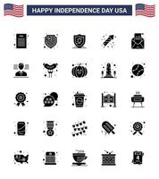 feliz día de la independencia 25 paquete de iconos de glifos sólidos para web e imprimir bandera hombre fuegos artificiales correo saludo elementos de diseño vectorial del día de estados unidos editables vector