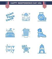 conjunto de 9 iconos del día de los ee.uu. símbolos americanos signos del día de la independencia para la cola bolsa blanca edificio emblemático elementos de diseño vectorial del día de los ee.uu. editables vector